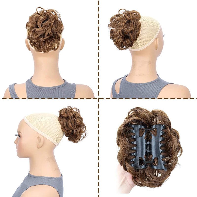 Messy Bun Hairpiece | Short Curly Wavy Chignon Updo with Claw Clip | Black &amp; Blonde Hair Extensions for Women - Smooth Wigs