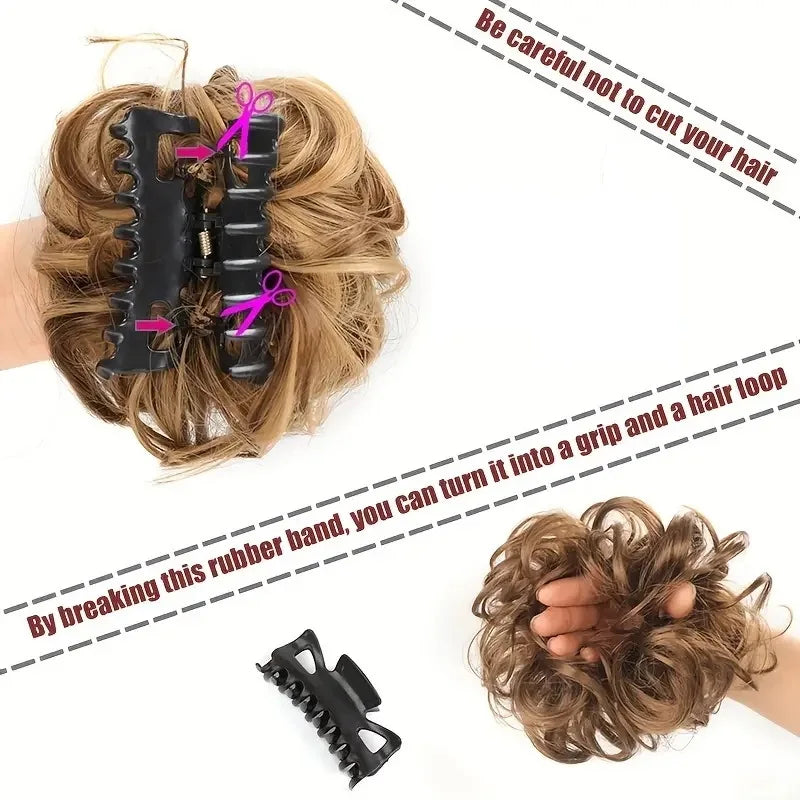 Messy Bun Hairpiece | Short Curly Wavy Chignon Updo with Claw Clip | Black &amp; Blonde Hair Extensions for Women - Smooth Wigs