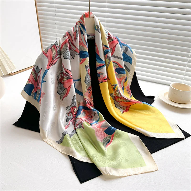 90x90cm Luxury Twill Silk-Feel Scarf | Women's Head Wrap &amp; Shawl with Elegant Hair Tree Print | Versatile Neck Scarf - Smooth Wigs