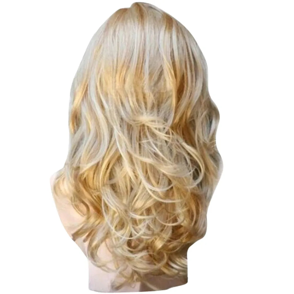 Golden Long Curly Wig | Transparent Lace Front Heat-Resistant Fiber Wig | Blonde Party Costume for Women - Smooth Wigs