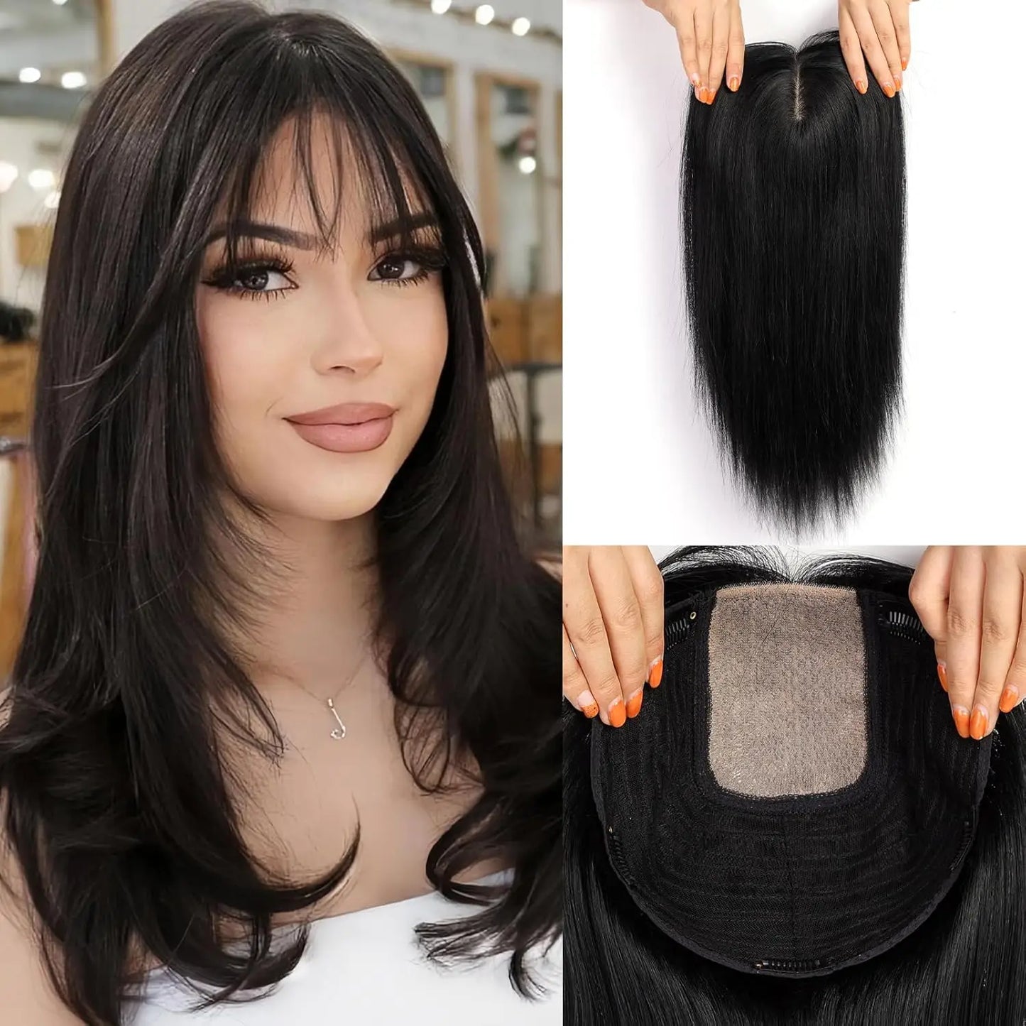 9x9 Inch Human Hair Topper | Large Base Hairpiece with Brown Highlights | 16-Inch Natural Hair Solution by SmoothWigs - Smooth Wigs