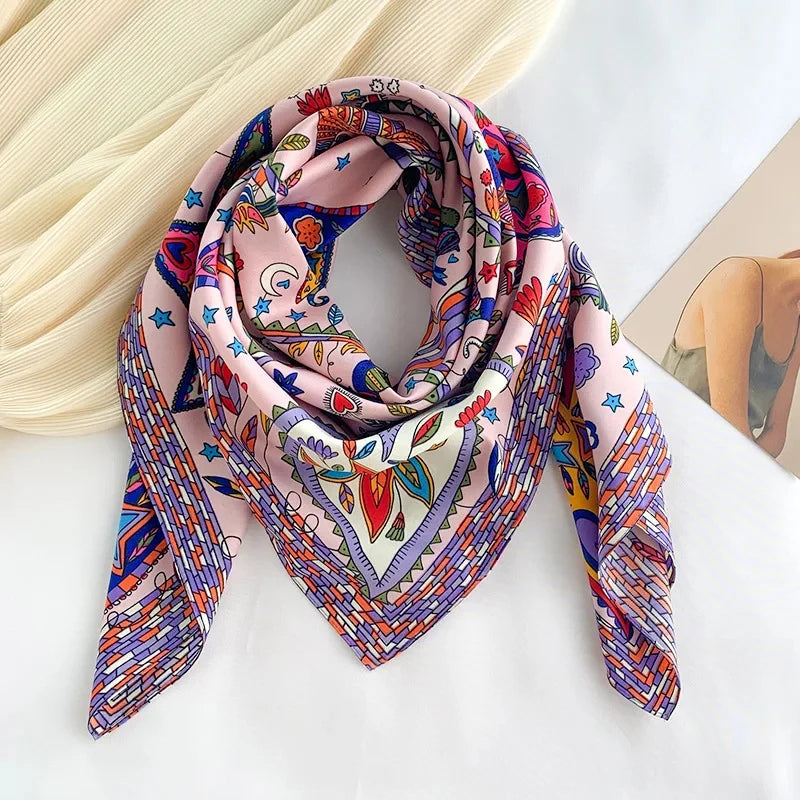 90x90cm Luxury Twill Silk-Feel Scarf | Women's Head Wrap &amp; Shawl with Elegant Hair Tree Print | Versatile Neck Scarf - Smooth Wigs