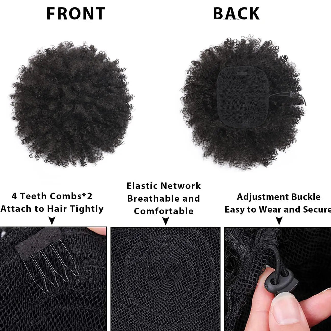 Large Afro Puff Ponytail | Kinky Curly Hair Bun with Drawstring &amp; Clips | Updo Extensions for Black Women - Smooth Wigs