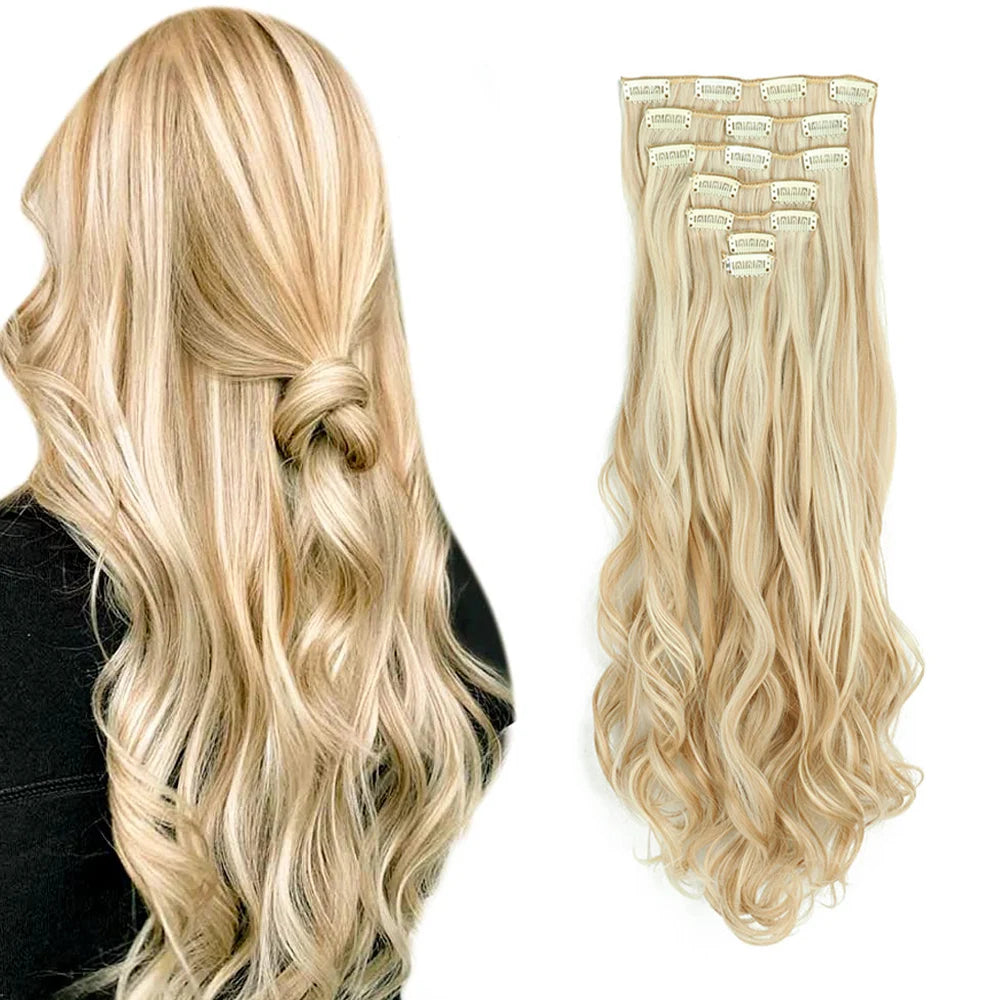 7-Piece 22-Inch Clip-In Hair Extensions | Long Curly Wavy Synthetic Hair Pieces | Natural-Looking Full Head Extensions for Women & Girls - Smooth Wigs