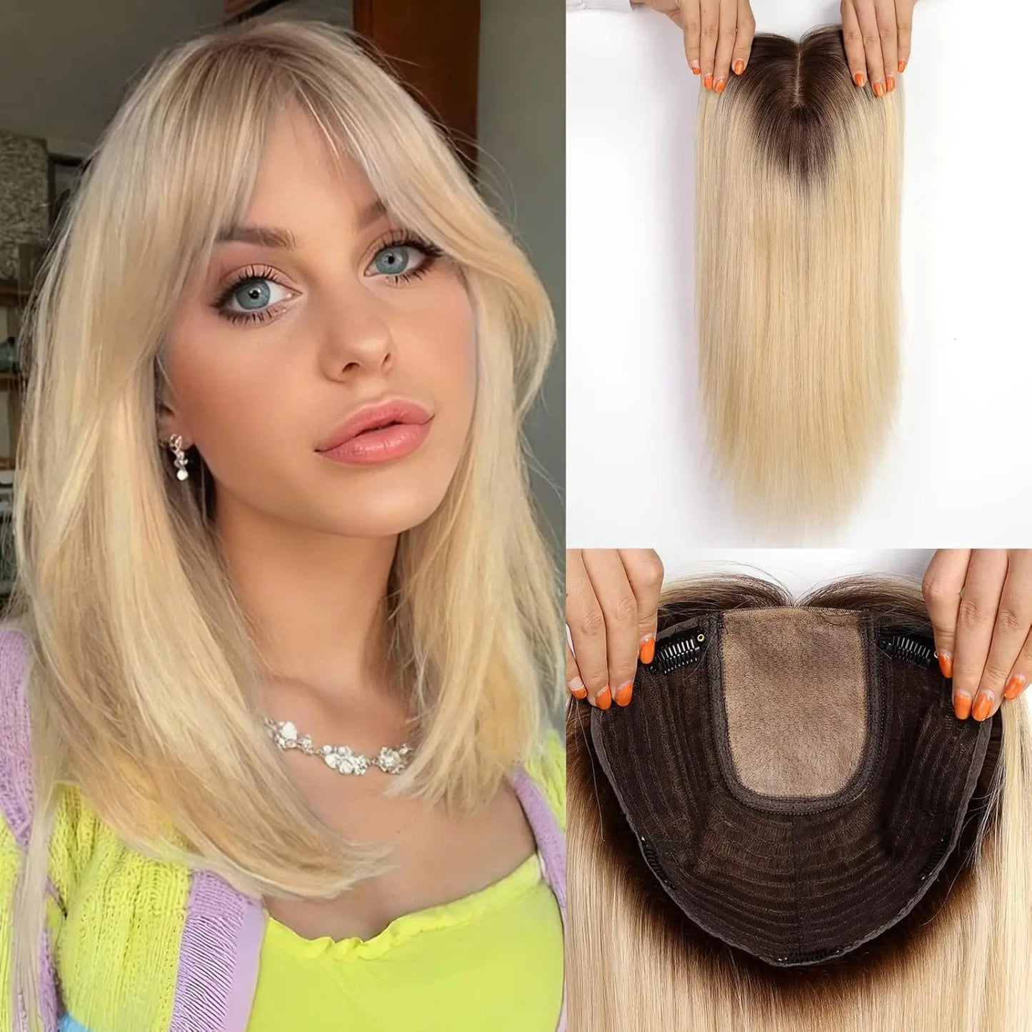 9x9 Inch Human Hair Topper | Large Base Hairpiece with Brown Highlights | 16-Inch Natural Hair Solution by SmoothWigs - Smooth Wigs