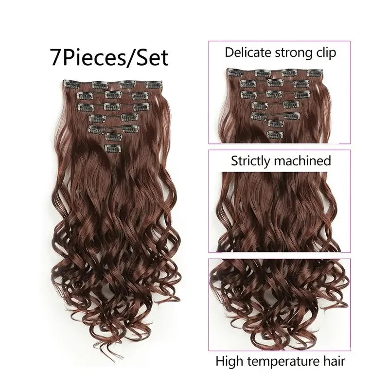 7-Piece 22-Inch Clip-In Hair Extensions | Long Curly Wavy Synthetic Hair Pieces | Natural-Looking Full Head Extensions for Women & Girls - Smooth Wigs