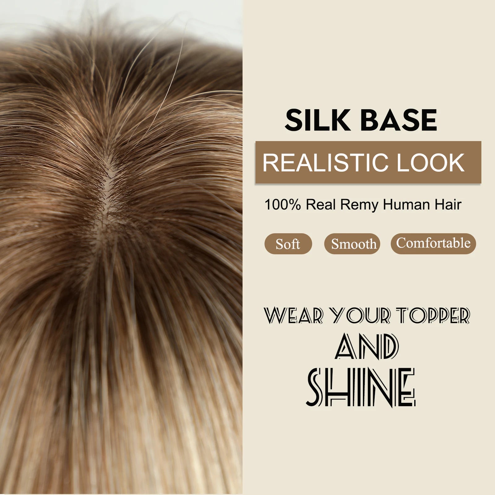 9x9 Inch Human Hair Topper | Large Base Hairpiece with Brown Highlights | 16-Inch Natural Hair Solution by SmoothWigs - Smooth Wigs