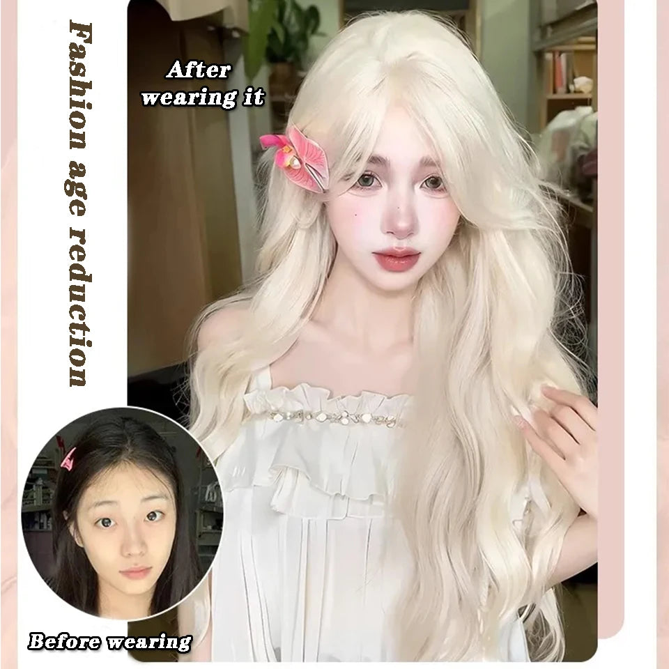 Long Curly White Gold Wig | Full Head Eight-Character Bangs | Nautral Wig with Big Waves by SmoothWigs - Smooth Wigs