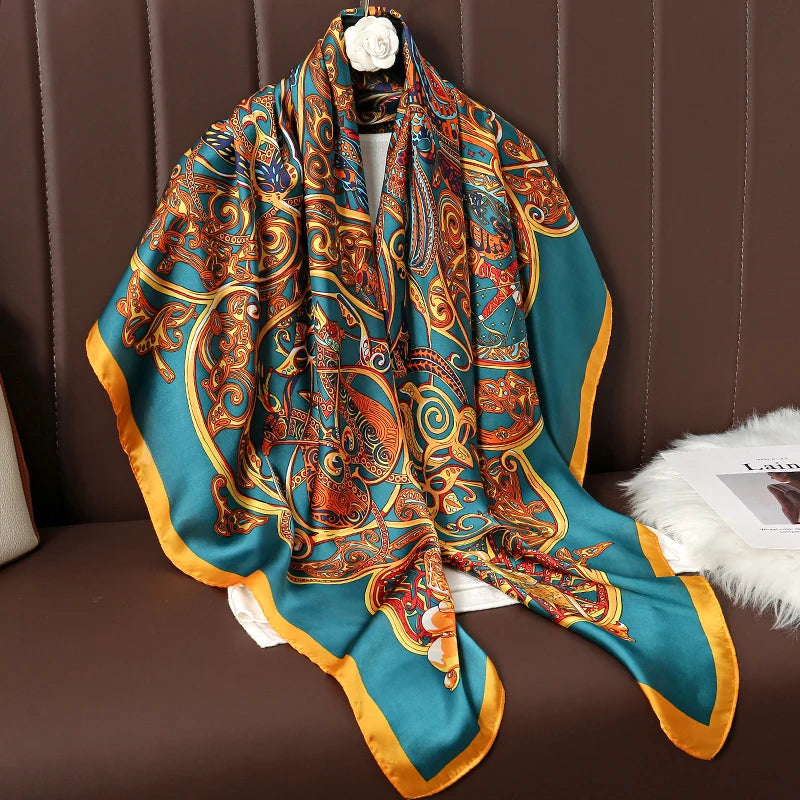110cm Luxury Silk Square Scarf | Women's Large Shawl &amp; Hijab | 2025 Designer Print Beach Wrap &amp; Foulard Echarpe - Smooth Wigs