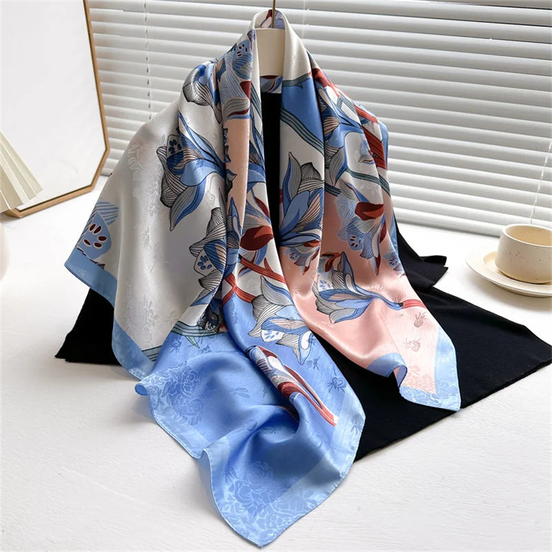 90x90cm Luxury Twill Silk-Feel Scarf | Women's Head Wrap &amp; Shawl with Elegant Hair Tree Print | Versatile Neck Scarf - Smooth Wigs