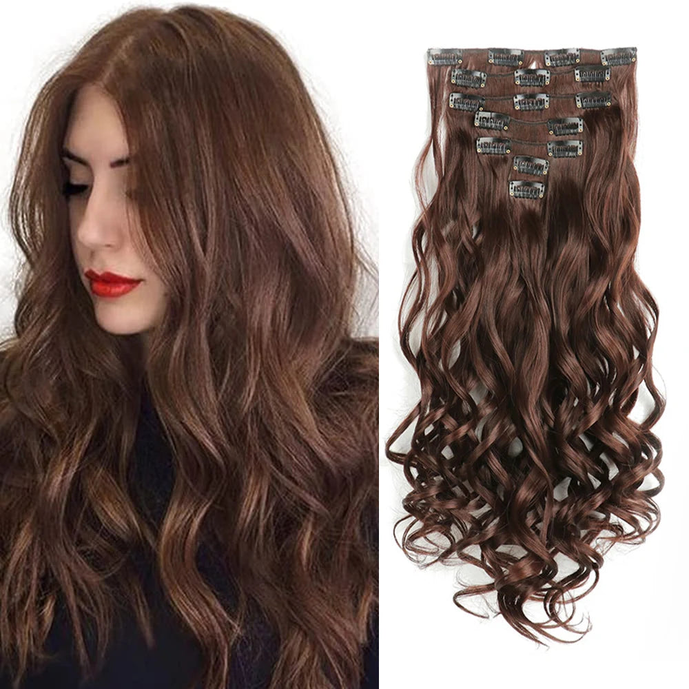 7-Piece 22-Inch Clip-In Hair Extensions | Long Curly Wavy Synthetic Hair Pieces | Natural-Looking Full Head Extensions for Women & Girls - Smooth Wigs