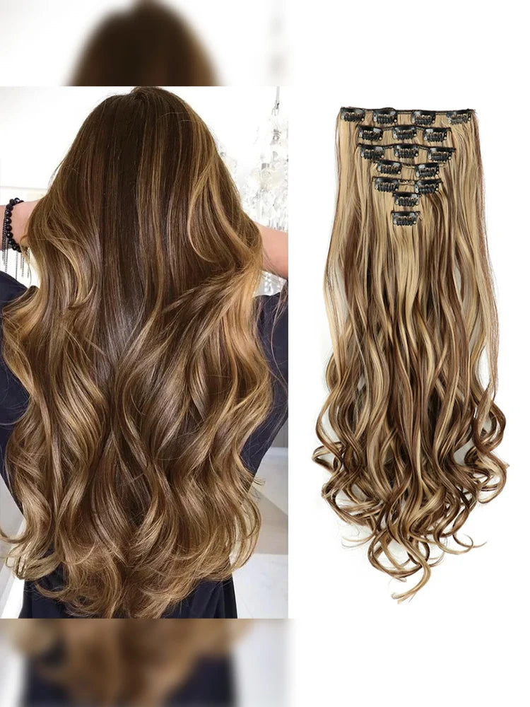 7-Piece 22-Inch Clip-In Hair Extensions | Long Curly Wavy Synthetic Hair Pieces | Natural-Looking Full Head Extensions for Women & Girls - Smooth Wigs
