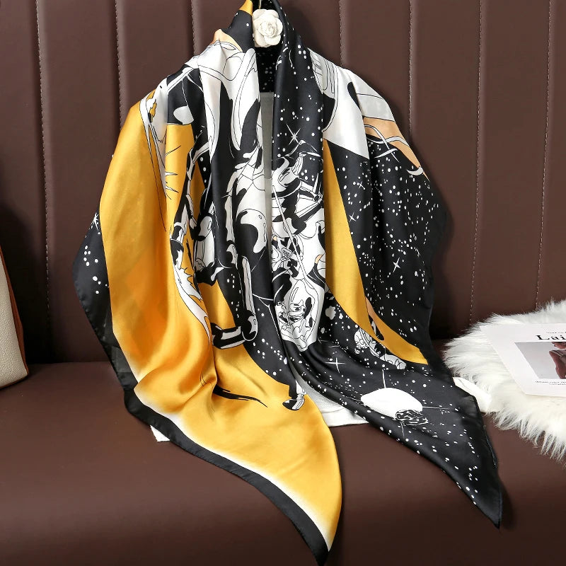 110cm Luxury Silk Square Scarf | Women's Large Shawl &amp; Hijab | 2025 Designer Print Beach Wrap &amp; Foulard Echarpe - Smooth Wigs