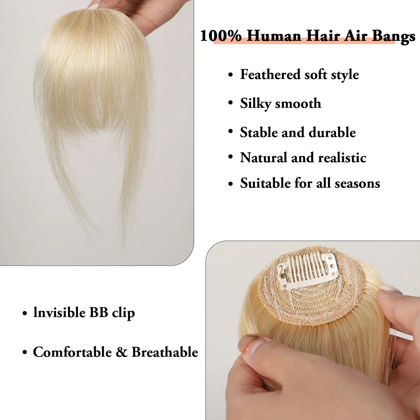 4.5-Inch Platinum Blonde Remy Human Hair Bangs | Clip-In Fringe Hairpiece for Women | 100% Human Hair Bangs Extension - Smooth Wigs