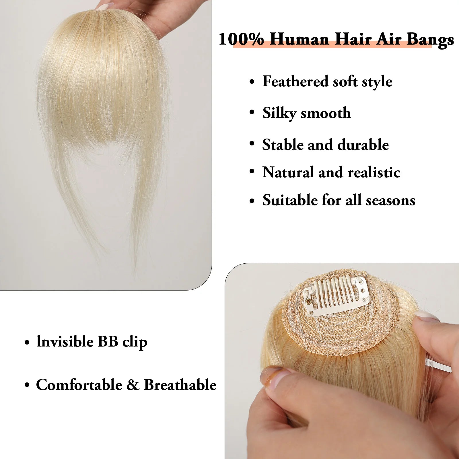 4.5-Inch Platinum Blonde Remy Human Hair Bangs | Clip-In Fringe Hairpiece for Women | 100% Human Hair Bangs Extension - Smooth Wigs