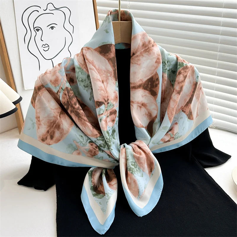 90x90cm Luxury Twill Silk-Feel Scarf | Women's Head Wrap &amp; Shawl with Elegant Hair Tree Print | Versatile Neck Scarf - Smooth Wigs