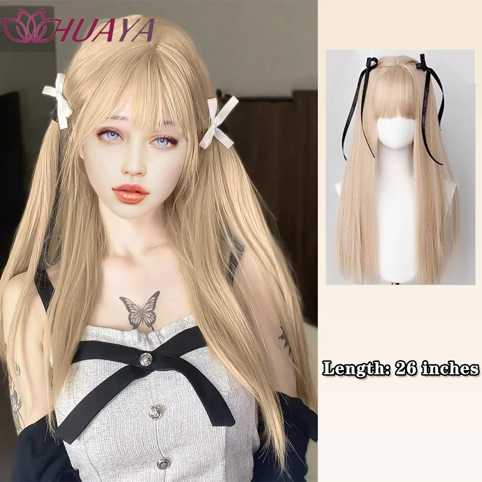 Long Curly White Gold Wig | Full Head Eight-Character Bangs | Nautral Wig with Big Waves by SmoothWigs - Smooth Wigs