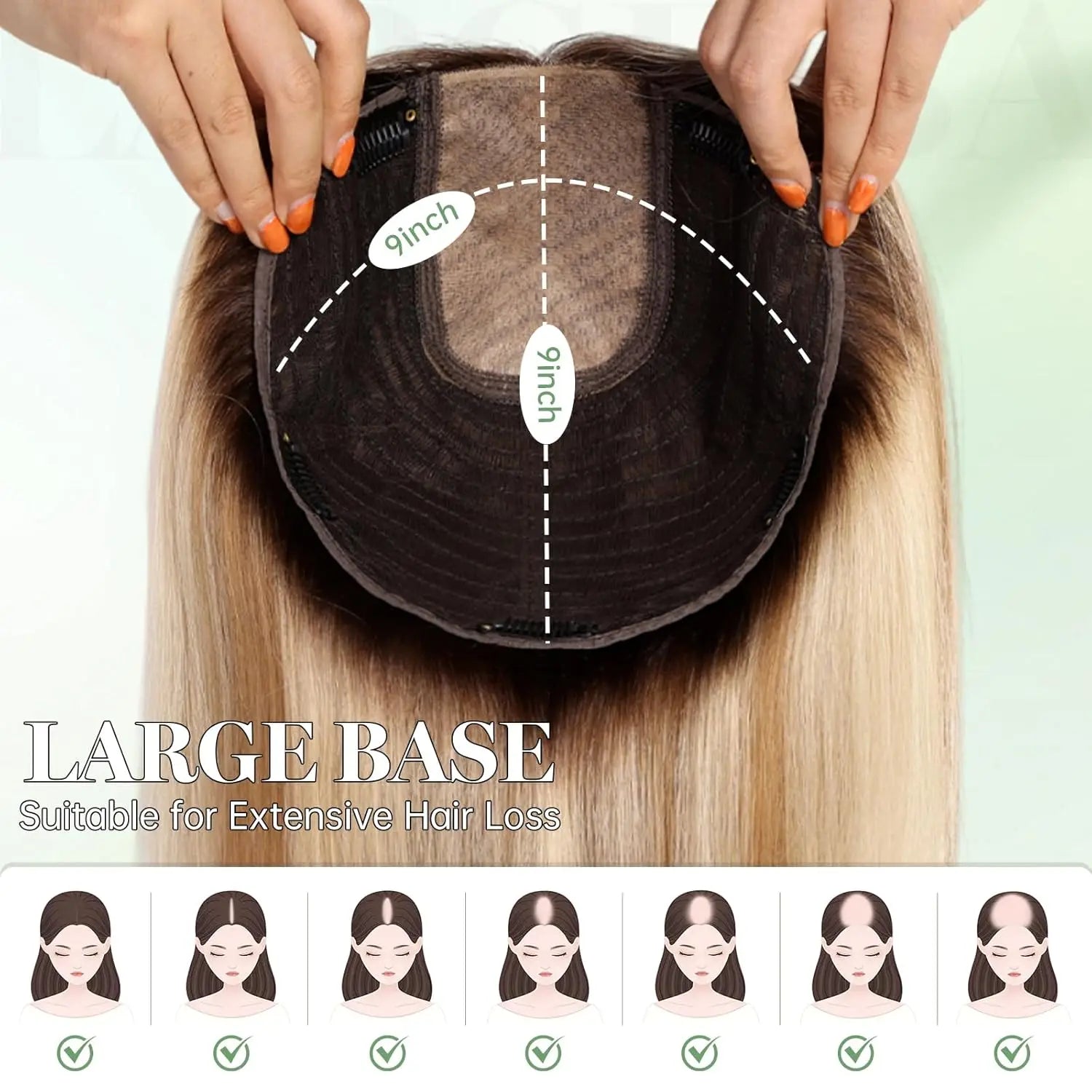 9x9 Inch Human Hair Topper | Large Base Hairpiece with Brown Highlights | 16-Inch Natural Hair Solution by SmoothWigs - Smooth Wigs