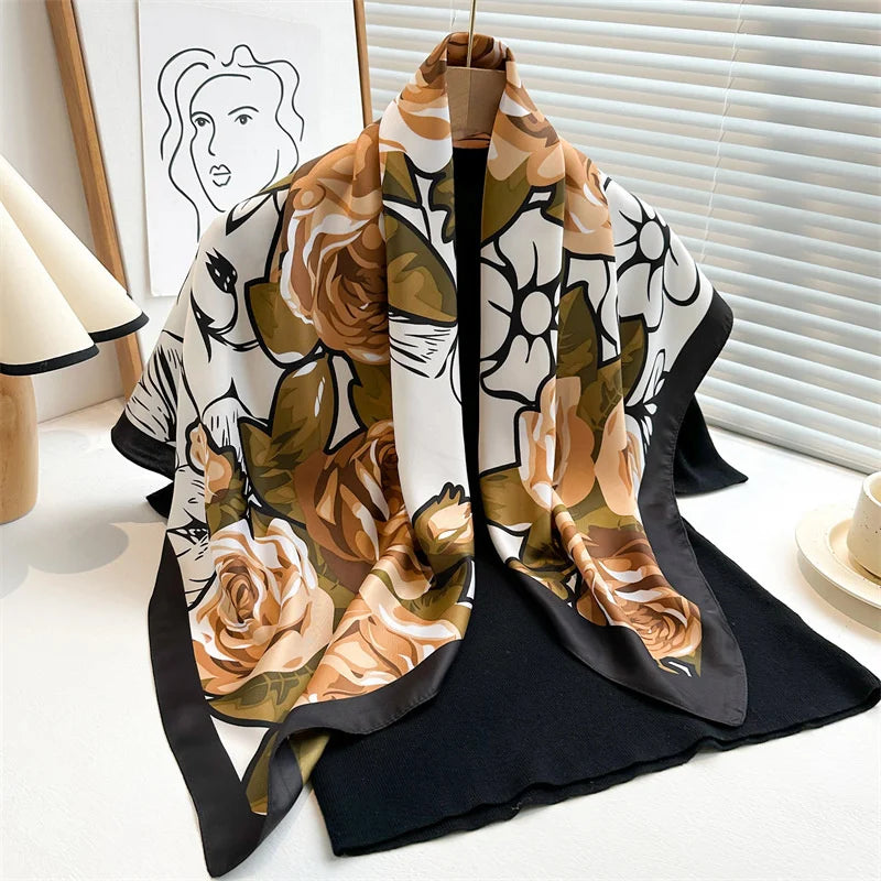 90x90cm Luxury Twill Silk-Feel Scarf | Women's Head Wrap &amp; Shawl with Elegant Hair Tree Print | Versatile Neck Scarf - Smooth Wigs
