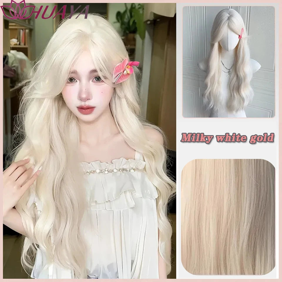 Long Curly White Gold Wig | Full Head Eight-Character Bangs | Nautral Wig with Big Waves by SmoothWigs - Smooth Wigs