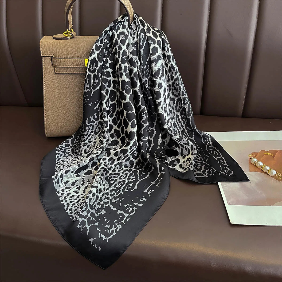 Luxury Leopard Print Square Scarf | Soft Satin Bandana & Vintage Head Wrap | Windproof Shawl for Travel& Beach - Smooth Wigs