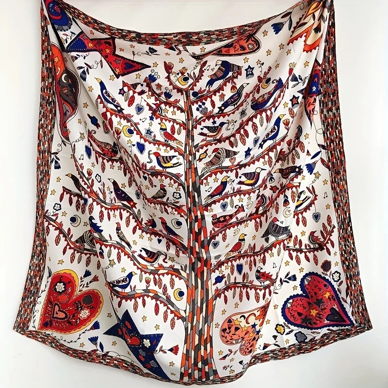 90x90cm Luxury Twill Silk-Feel Scarf | Women's Head Wrap &amp; Shawl with Elegant Hair Tree Print | Versatile Neck Scarf - Smooth Wigs