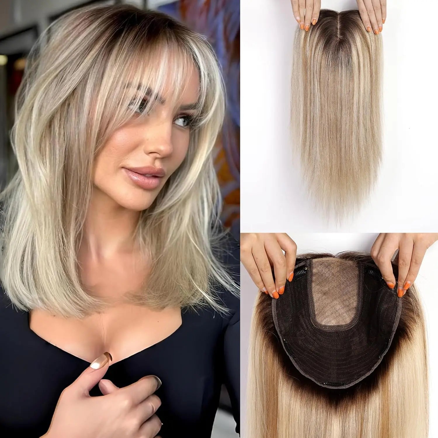 9x9 Inch Human Hair Topper | Large Base Hairpiece with Brown Highlights | 16-Inch Natural Hair Solution by SmoothWigs - Smooth Wigs