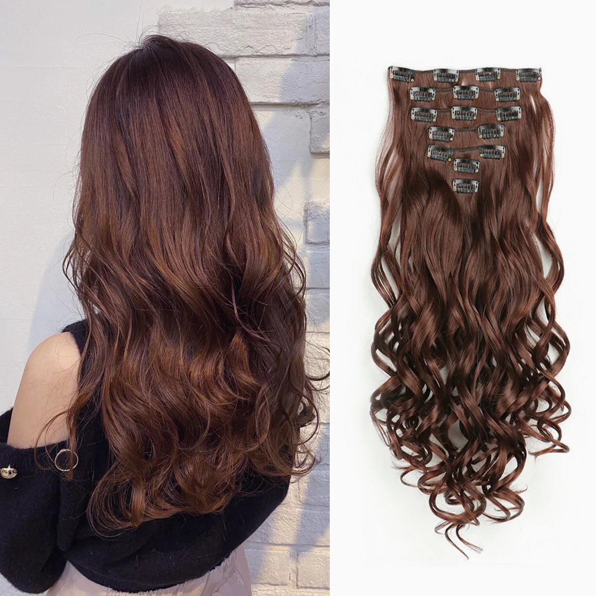 7-Piece 22-Inch Clip-In Hair Extensions | Long Curly Wavy Synthetic Hair Pieces | Natural-Looking Full Head Extensions for Women & Girls - Smooth Wigs