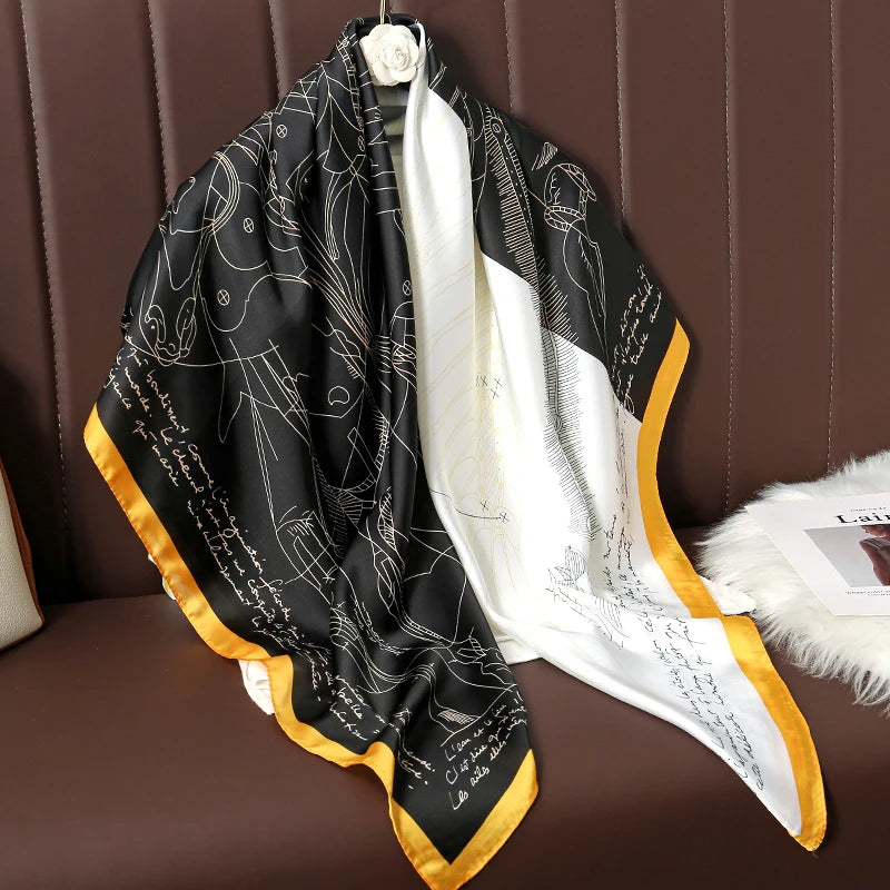110cm Luxury Silk Square Scarf | Women's Large Shawl &amp; Hijab | 2025 Designer Print Beach Wrap &amp; Foulard Echarpe - Smooth Wigs