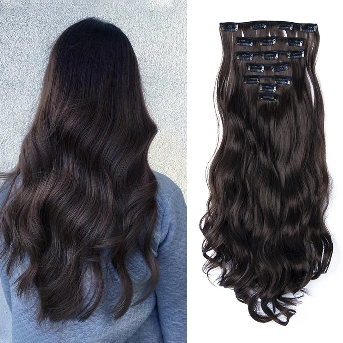 7-Piece 22-Inch Clip-In Hair Extensions | Long Curly Wavy Synthetic Hair Pieces | Natural-Looking Full Head Extensions for Women & Girls - Smooth Wigs