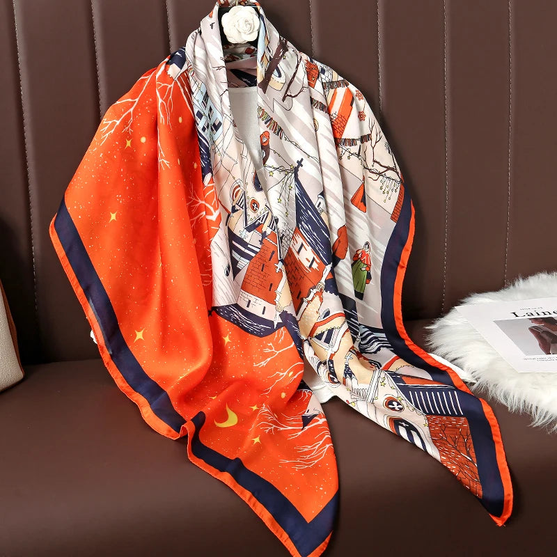 110cm Luxury Silk Square Scarf | Women's Large Shawl &amp; Hijab | 2025 Designer Print Beach Wrap &amp; Foulard Echarpe - Smooth Wigs