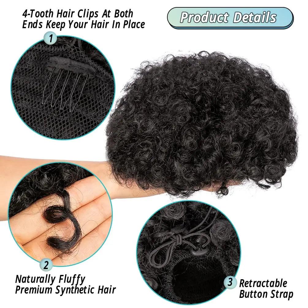 Large Afro Puff Ponytail | Kinky Curly Hair Bun with Drawstring &amp; Clips | Updo Extensions for Black Women - Smooth Wigs