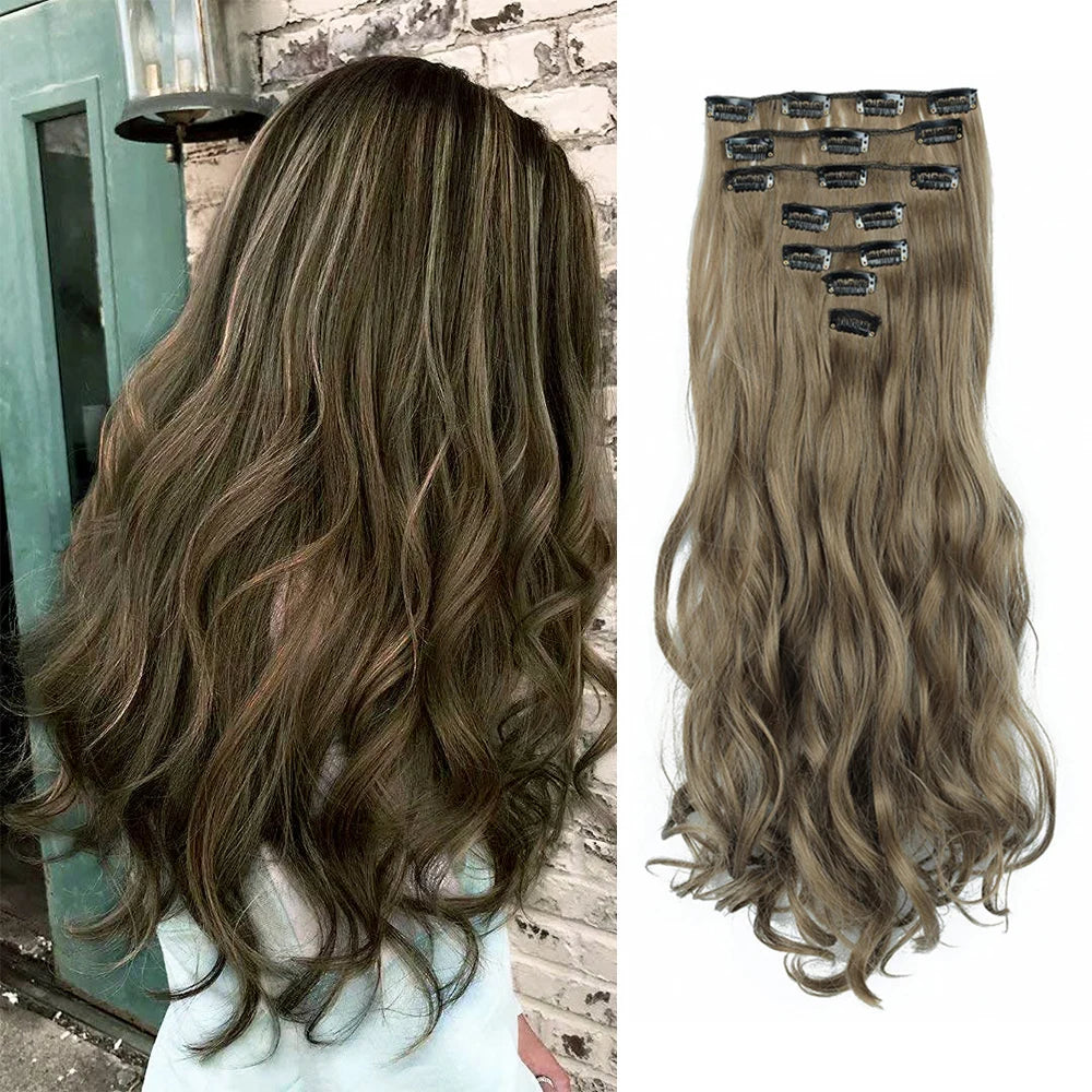 7-Piece 22-Inch Clip-In Hair Extensions | Long Curly Wavy Synthetic Hair Pieces | Natural-Looking Full Head Extensions for Women & Girls - Smooth Wigs