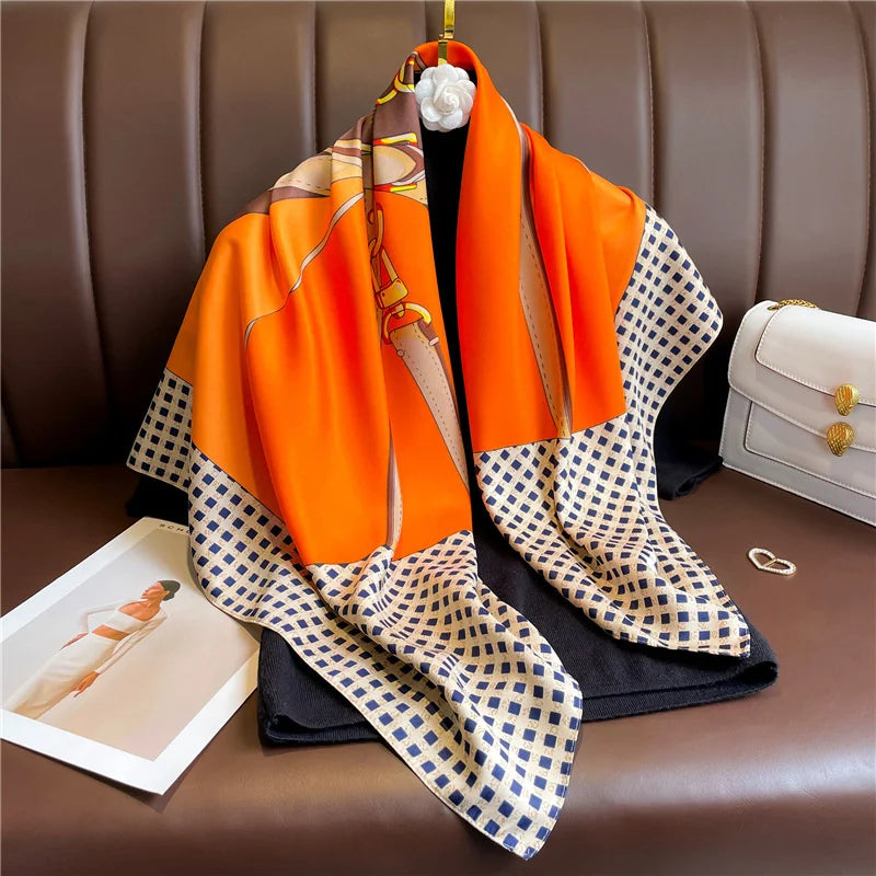 90x90cm Luxury Twill Silk-Feel Scarf | Women's Head Wrap &amp; Shawl with Elegant Hair Tree Print | Versatile Neck Scarf - Smooth Wigs