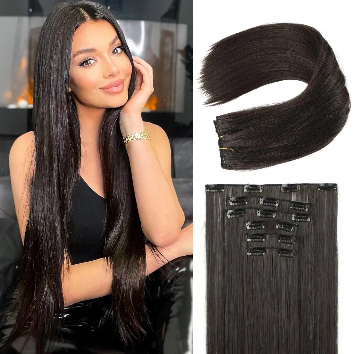 Clip-In Hair Extensions | Thick Long Lace Weft Synthetic Hairpieces for Women | Lightweight &amp; Easy to Style - Smooth Wigs