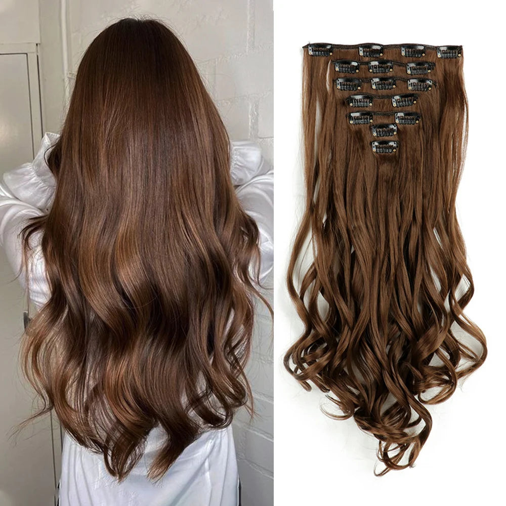 7-Piece 22-Inch Clip-In Hair Extensions | Long Curly Wavy Synthetic Hair Pieces | Natural-Looking Full Head Extensions for Women & Girls - Smooth Wigs