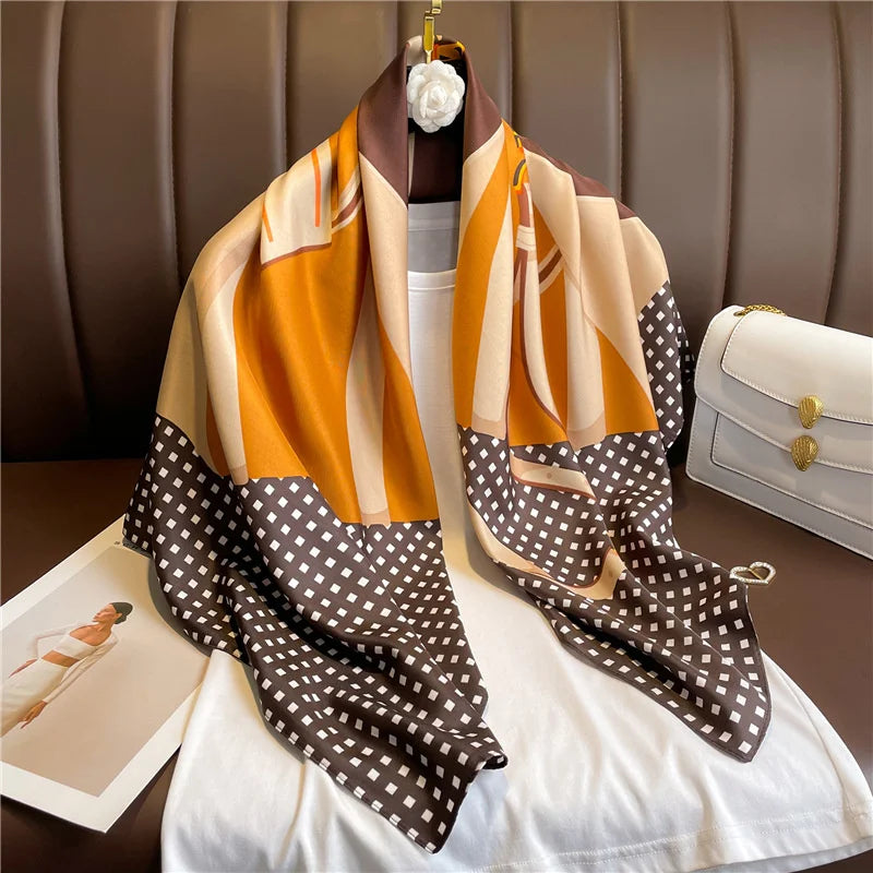 90x90cm Luxury Twill Silk-Feel Scarf | Women's Head Wrap &amp; Shawl with Elegant Hair Tree Print | Versatile Neck Scarf - Smooth Wigs