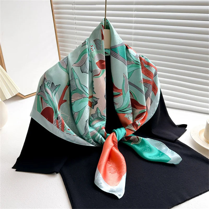 90x90cm Luxury Twill Silk-Feel Scarf | Women's Head Wrap &amp; Shawl with Elegant Hair Tree Print | Versatile Neck Scarf - Smooth Wigs