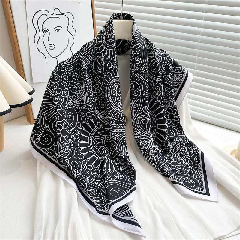90x90cm Luxury Twill Silk-Feel Scarf | Women's Head Wrap &amp; Shawl with Elegant Hair Tree Print | Versatile Neck Scarf - Smooth Wigs