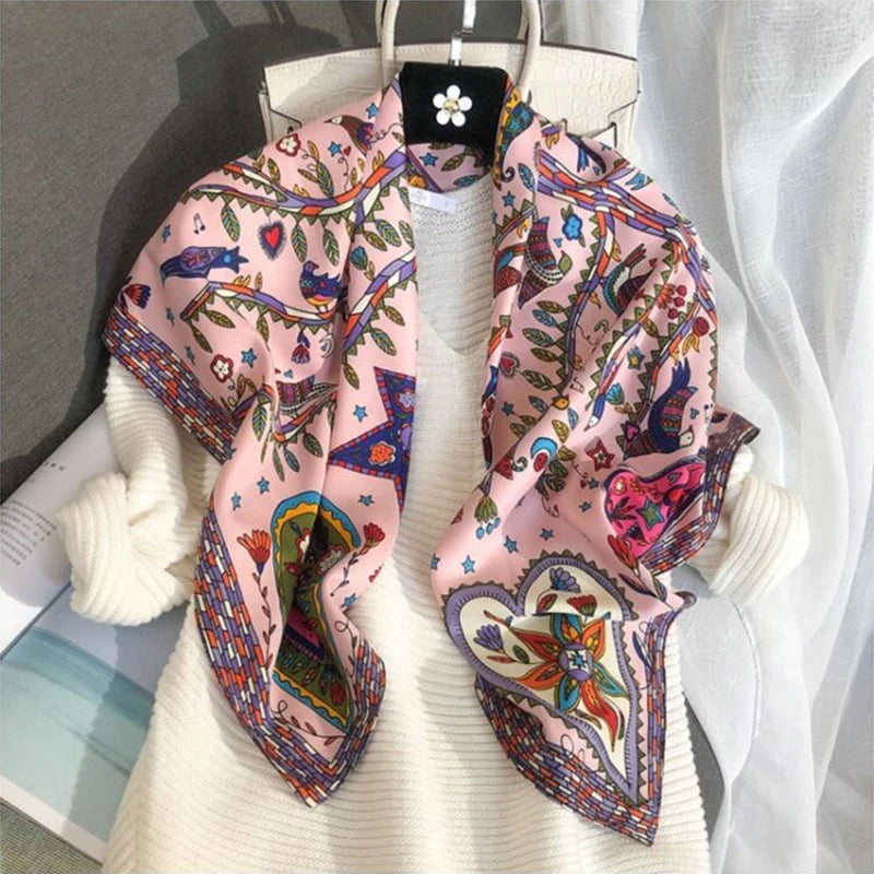 90x90cm Luxury Twill Silk-Feel Scarf | Women's Head Wrap &amp; Shawl with Elegant Hair Tree Print | Versatile Neck Scarf - Smooth Wigs