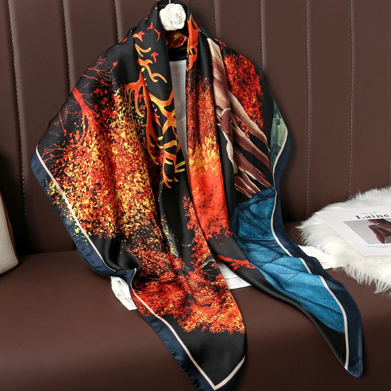 110cm Luxury Silk Square Scarf | Women's Large Shawl &amp; Hijab | 2025 Designer Print Beach Wrap &amp; Foulard Echarpe - Smooth Wigs