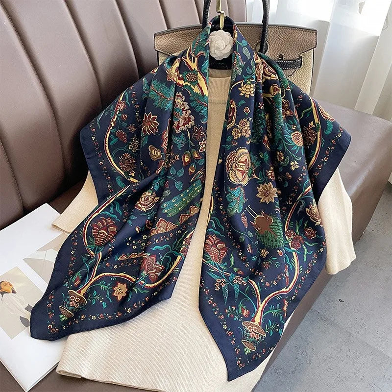 90x90cm Luxury Twill Silk-Feel Scarf | Women's Head Wrap &amp; Shawl with Elegant Hair Tree Print | Versatile Neck Scarf - Smooth Wigs