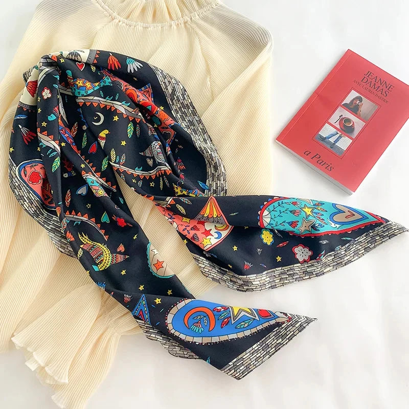 90x90cm Luxury Twill Silk-Feel Scarf | Women's Head Wrap &amp; Shawl with Elegant Hair Tree Print | Versatile Neck Scarf - Smooth Wigs