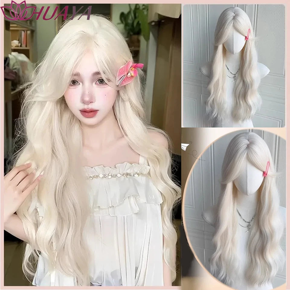 Long Curly White Gold Wig | Full Head Eight-Character Bangs | Nautral Wig with Big Waves by SmoothWigs - Smooth Wigs