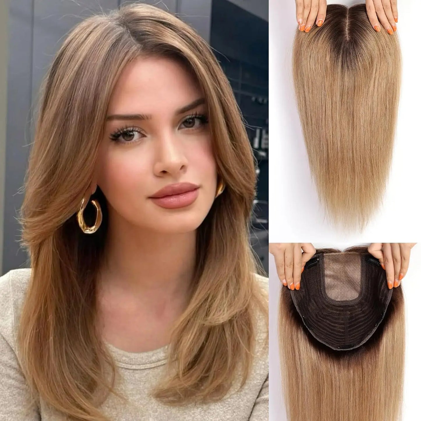 9x9 Inch Human Hair Topper | Large Base Hairpiece with Brown Highlights | 16-Inch Natural Hair Solution by SmoothWigs - Smooth Wigs