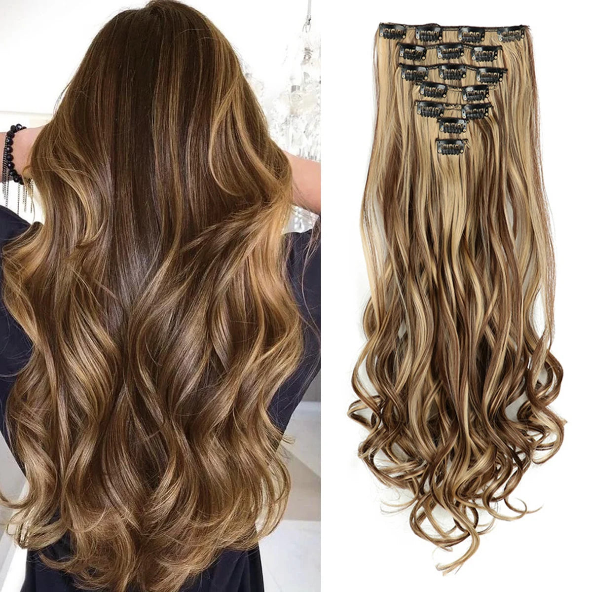 7-Piece 22-Inch Clip-In Hair Extensions | Long Curly Wavy Synthetic Hair Pieces | Natural-Looking Full Head Extensions for Women & Girls - Smooth Wigs