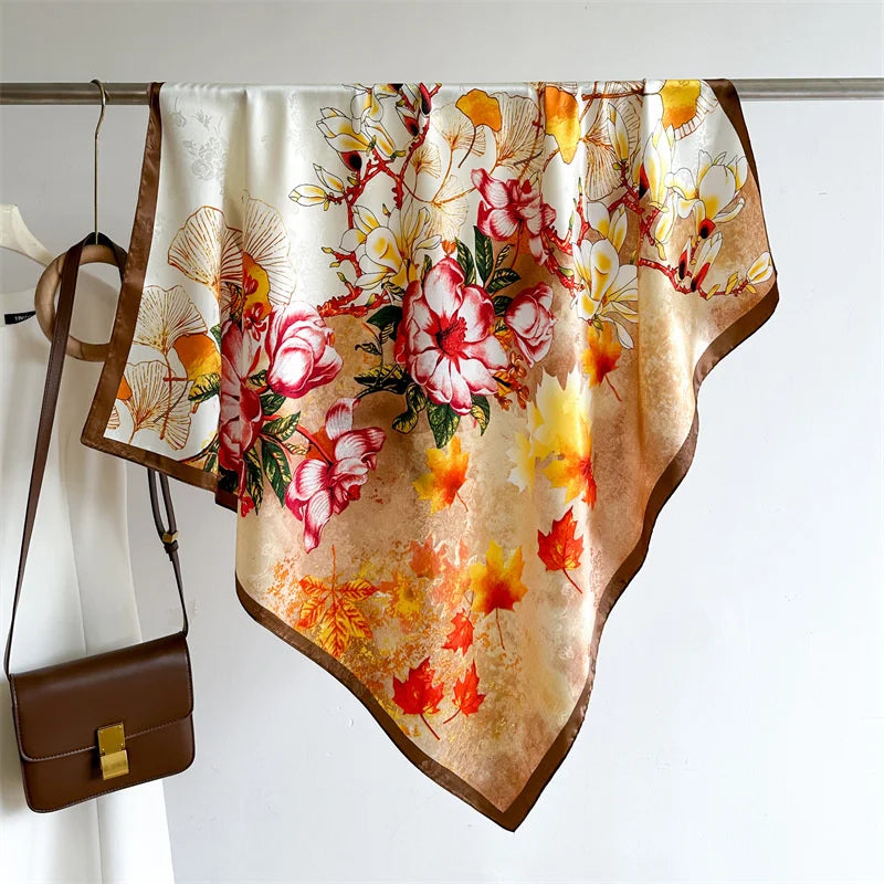 90x90cm Luxury Twill Silk-Feel Scarf | Women's Head Wrap &amp; Shawl with Elegant Hair Tree Print | Versatile Neck Scarf - Smooth Wigs