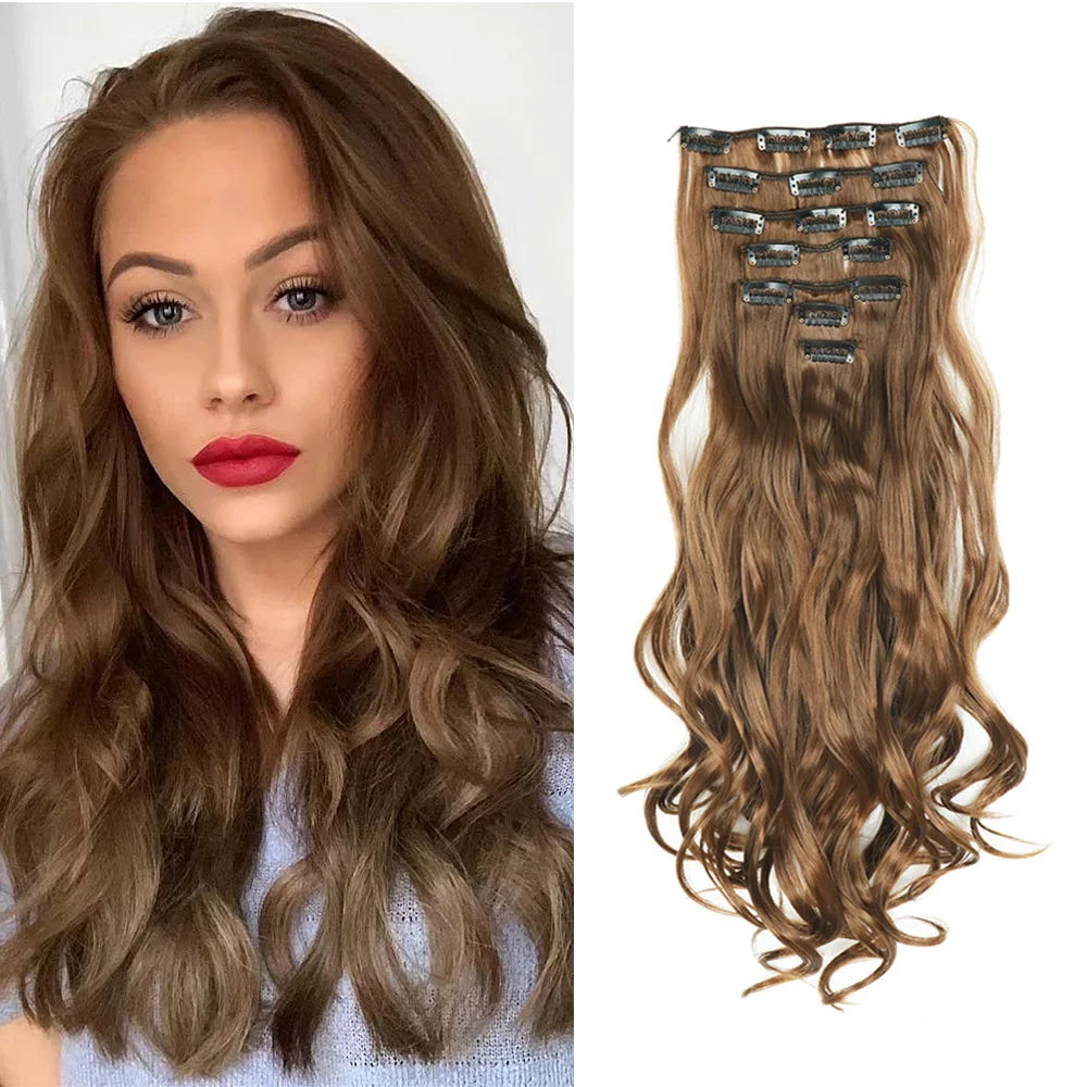 7-Piece 22-Inch Clip-In Hair Extensions | Long Curly Wavy Synthetic Hair Pieces | Natural-Looking Full Head Extensions for Women & Girls - Smooth Wigs