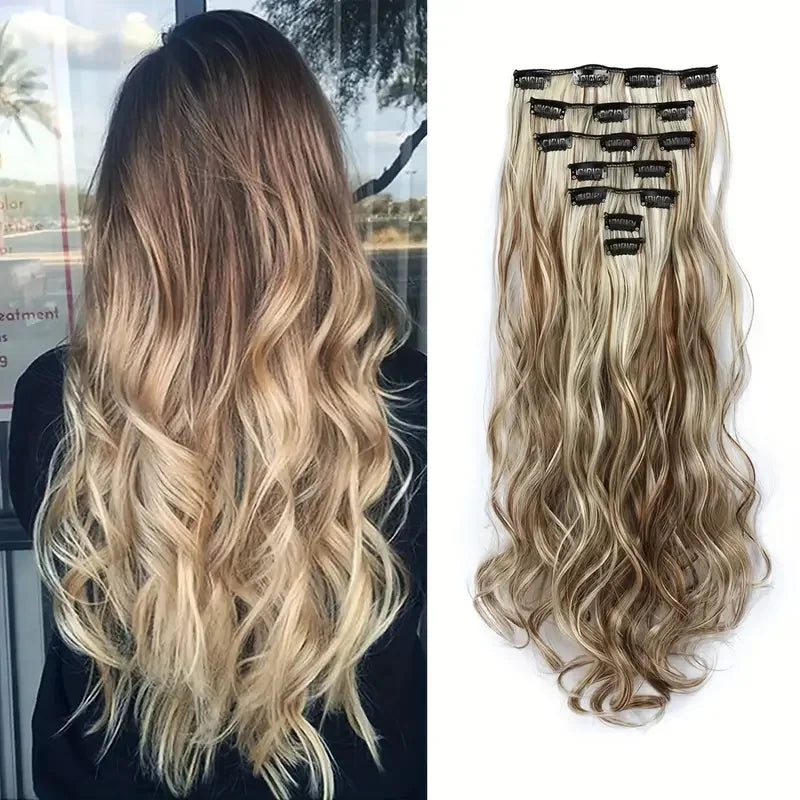 7-Piece 22-Inch Clip-In Hair Extensions | Long Curly Wavy Synthetic Hair Pieces | Natural-Looking Full Head Extensions for Women & Girls - Smooth Wigs