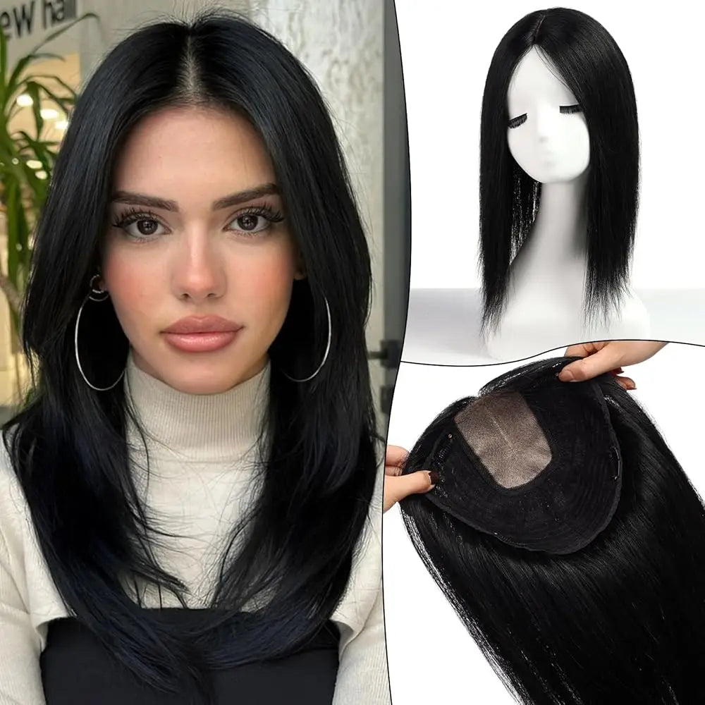 9x9 Inch Human Hair Topper | Large Base Hairpiece with Brown Highlights | 16-Inch Natural Hair Solution by SmoothWigs - Smooth Wigs